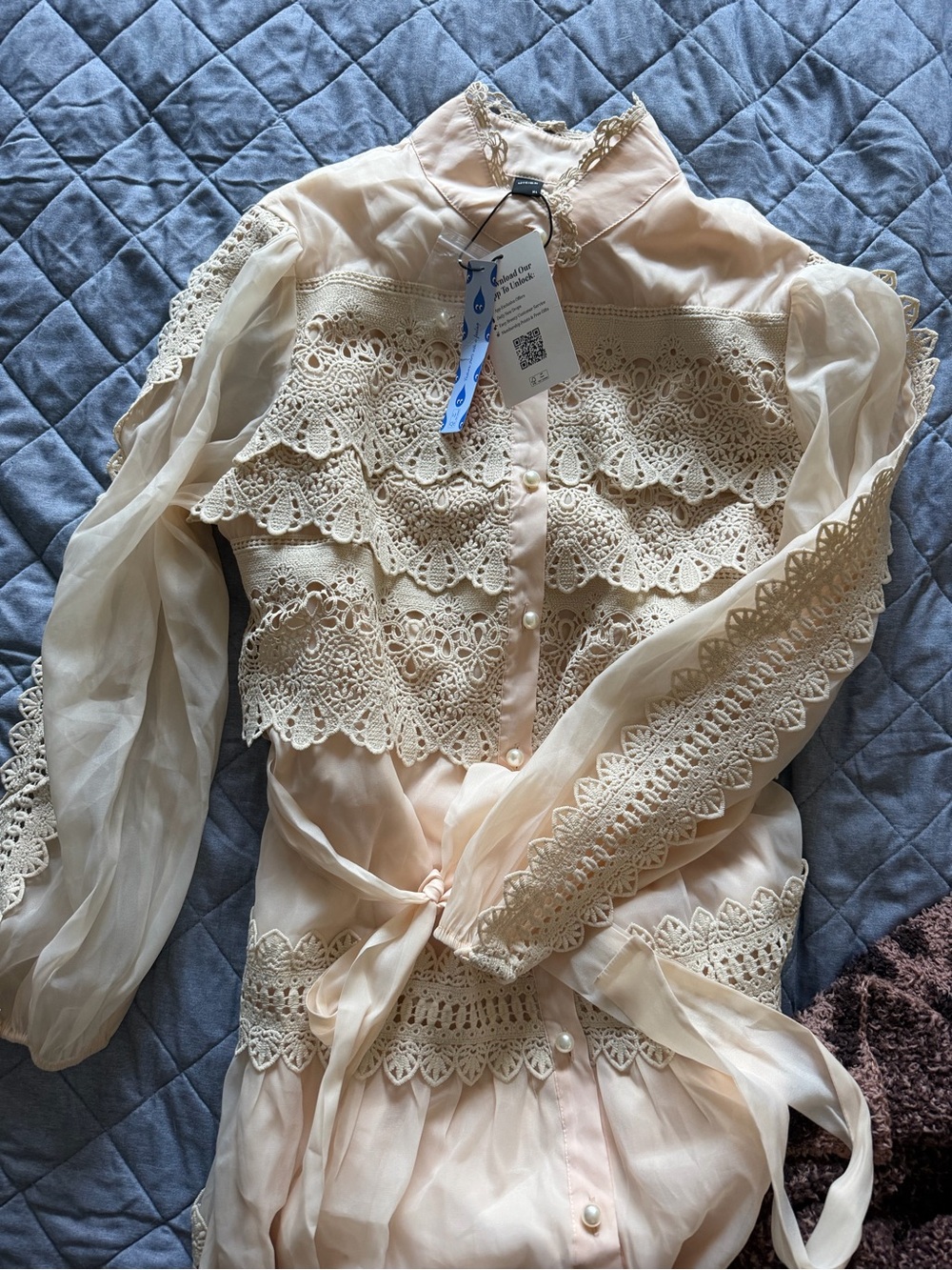 Cider - NWT - XL - CHIFFON HIGH NECK GUIPURE PEARL BUTTON MAXI DRESS - Picture 3 of 8